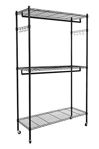 Cheap homdox double rod closet 3 shelves wire shelving clothing rolling rack heavy duty garment rack with wheels and side hooks