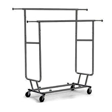 Load image into Gallery viewer, Amazon best cu alightup double rail rolling garment rack with adjustable extensible rails heavy duty collapsible clothing hanging coat rack commercial grade clothes drying rack dress shirt storage stand black