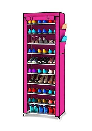 10 Tiers Portable Shoes Rack with Dust Proof Cover Shelf Storage Closet Organizer Cabinet Shoe Racks, Pink (Pink)