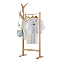 Load image into Gallery viewer, Exclusive langria single rail bamboo garment rack with 8 side hook tree stand coat hanger and four stable leveling feet for jacket umbrella clothes hats scarf and handbags natural wood finish