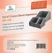 Load image into Gallery viewer, Related woffit linen closet storage organizers set of 3 foldable baskets to organize your sheets towels washclothes blankets clothing sweaters etc 100 organic fabric bins