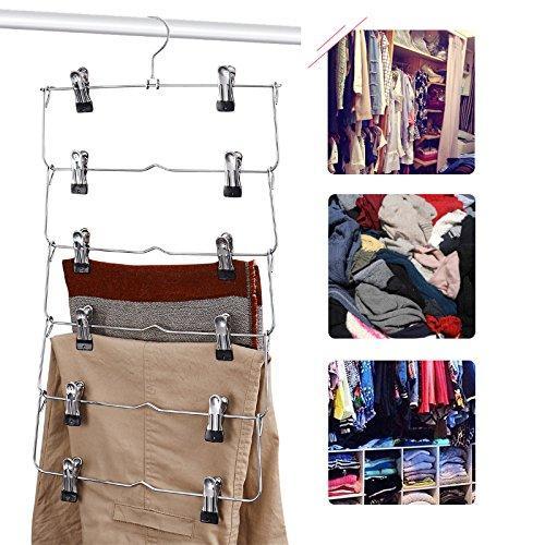 DOIOWN 6 Tier Skirt Hangers Pants Hangers Closet Organizer Stainless Steel Fold up Space Saving Hangers (4-Pieces)