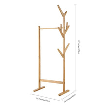 Load image into Gallery viewer, Heavy duty langria single rail bamboo garment rack with 8 side hook tree stand coat hanger and four stable leveling feet for jacket umbrella clothes hats scarf and handbags natural wood finish