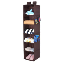 Load image into Gallery viewer, Discover the magicfly hanging closet organizer with 4 side pockets 6 shelf collapsible closet hanging shelf for sweater handbag storage easy mount hanging clothes storage box brown