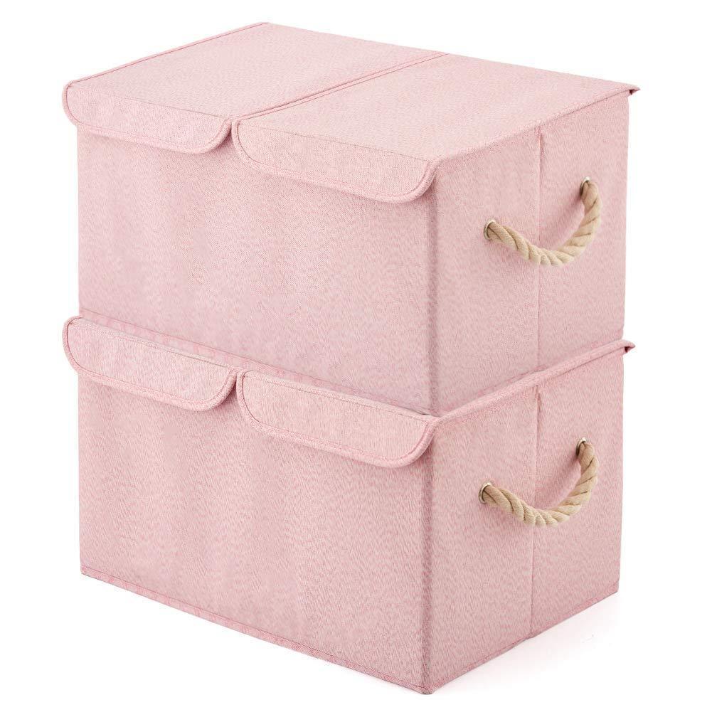 EZOWare Large Storage Boxes [2-Pack] Large Linen Fabric Foldable Storage Cubes Bin Box Containers with Lid and Handles for Nursery, Children, Closet, Bedroom, Living Room - Pink