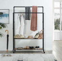 Load image into Gallery viewer, Discover the best homissue 72 inch industrial pipe double rail hall tree with shoe storage on wheel 2 shelf rolling clothes rack organizer with 2 hanging rod for garment storage display vintage brown