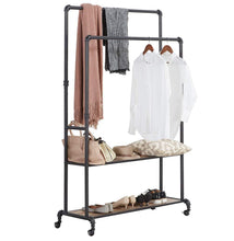 Load image into Gallery viewer, Discover the homissue 72 inch industrial pipe double rail hall tree with shoe storage on wheel 2 shelf rolling clothes rack organizer with 2 hanging rod for garment storage display vintage brown