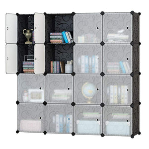 Honey Home Modular Plastic Storage Cube Closet Organizers, Portable DIY Wardrobes Cabinet Shelving with Doors for Bedroom/Office - 16 Cubes Black & White