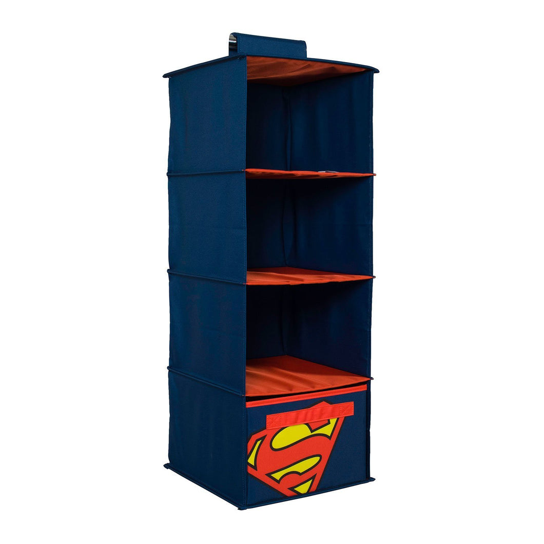 Superman 4 Shelves Clothing Closet and Bedroom DC Comics Towel Accessory Storage, Collapsible Hanging Organizer
