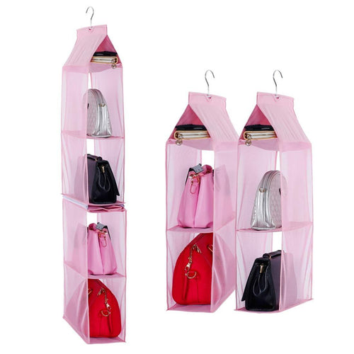 Detachable 6 Compartment Organizer Pouch Hanging Handbag Organizer Clear Purse Bag Collection Storage Holder Wardrobe Closet Space Saving Organizers System for Living Room Bedroom Home Use (Pink)