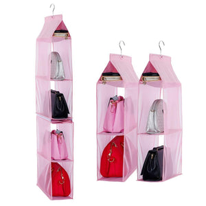 Detachable 6 Compartment Organizer Pouch Hanging Handbag Organizer Clear Purse Bag Collection Storage Holder Wardrobe Closet Space Saving Organizers System for Living Room Bedroom Home Use (Pink)