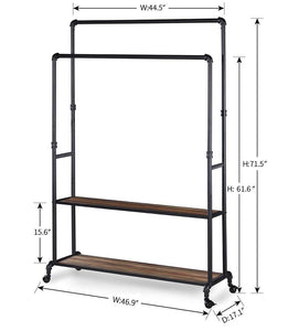 Buy now homissue 72 inch industrial pipe double rail hall tree with shoe storage on wheel 2 shelf rolling clothes rack organizer with 2 hanging rod for garment storage display vintage brown