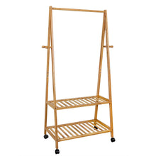 Load image into Gallery viewer, Select nice songmics rolling coat rack bamboo garment rack clothes hanging rail with 2 shelves 4 hooks for shoes hats and scarves in the hallway living room guest room