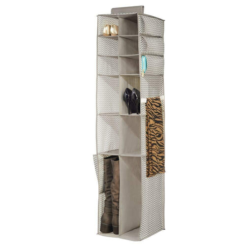 mDesign Soft Fabric Over Rod Hanging Closet Organizer - Holds Shoes, Boots Handbags, Clutches, Accessories - 16 Section Storage Unit - Chevron Zig Zag Print - Taupe/Natural