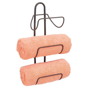 Discover the mdesign modern decorative metal 3 level wall mount towel rack holder and organizer for storage of bathroom towels washcloths hand towels 2 pack bronze