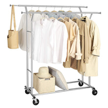 Load image into Gallery viewer, Budget friendly songmics double rail garment rack rolling clothes rack with bottom rods for coats shirts dresses scarves bags shoe boxes chrome ullr23c