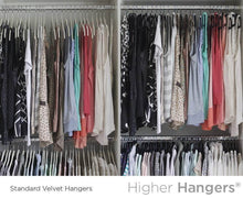 Load image into Gallery viewer, New higher hangers space saving velvet clothes hangers slimline heavy duty closet organizers helps reduce wrinkles and clutter great for dorms and increasing closet space 40 pack black velvet