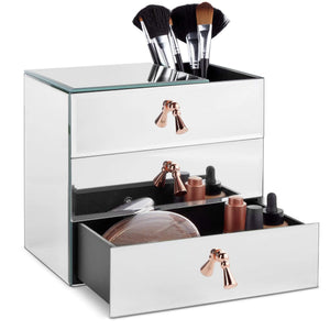 Get beautify mirrored glass cosmetic makeup jewelry organizer with 3 drawers and makeup brushes section includes glass cleaning cloth and rose gold handles