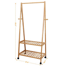 Load image into Gallery viewer, Selection songmics rolling coat rack bamboo garment rack clothes hanging rail with 2 shelves 4 hooks for shoes hats and scarves in the hallway living room guest room