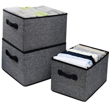 Load image into Gallery viewer, Discover homyfort cloth collapsible storage bins cubes 15 7x11 8x9 8 linen fabric basket box cubes containers organizer for closet shelves with leather handles set of 3 grey