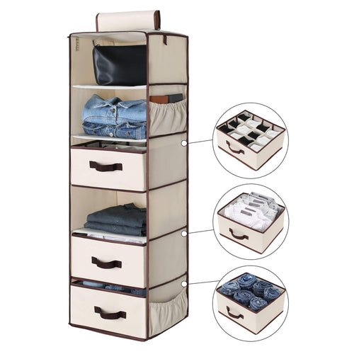 StorageWorks 6-Shelf Hanging Closet Organizer, Foldable Closet Hanging Shelves with 2 Drawers & 1 Underwear/Socks Drawer, 42.5