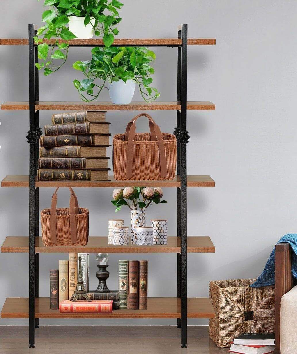 SPRAWL 5-Tier Vintage Bookshelf-Free Standing Multi Purpose Open Wooden Book Storage Shelves Ladder Shelf Closet Organizer