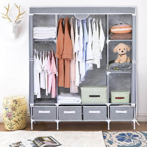 Shop here portable clothes closet canvas wardrobe closet huge free standing clothes organizer storage with hanging rod dust proof cover 67x58x17 7 inch
