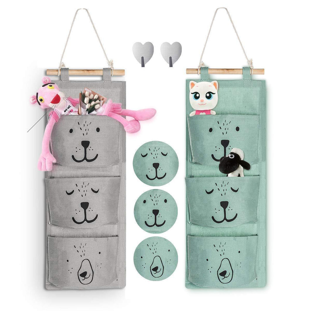 Aitsite 2 Pcs Wall Hanging Storage Bag|Cartoon Over The Door Closet Organizer|Linen Fabric Organizer with 3 Semicircular Pockets for Bedroom Bathroom Kitchen (Cyan+Grey)