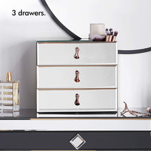 Load image into Gallery viewer, Home beautify mirrored glass cosmetic makeup jewelry organizer with 3 drawers and makeup brushes section includes glass cleaning cloth and rose gold handles