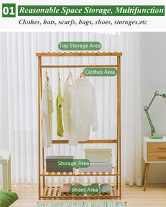 Heavy duty copree bamboo garment coat clothes hanging heavy duty rack with top shelf and 2 tier shoe clothing storage organizer shelves