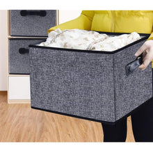 Load image into Gallery viewer, Explore homyfort cloth collapsible storage bins cubes 15 7x11 8x9 8 linen fabric basket box cubes containers organizer for closet shelves with leather handles set of 3 grey