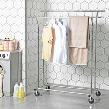 Load image into Gallery viewer, Budget songmics double rail garment rack rolling clothes rack with bottom rods for coats shirts dresses scarves bags shoe boxes chrome ullr23c