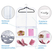 Load image into Gallery viewer, Get clear gusseted suit garment bag 20 inch x 38 inch x 3 inch dance dress and costumes hanging travel storage for clothes shoes and accessories water resistant organizer