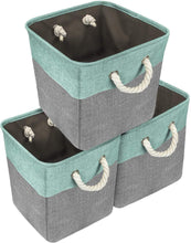 Load image into Gallery viewer, Try sorbus storage large basket set 3 pack big rectangular fabric collapsible organizer bin with cotton rope carry handles for linens toys clothes kids room nursery woven rope basket teal