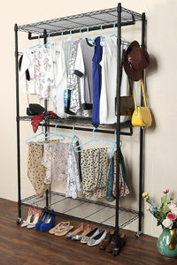 Home modrine double rod garment rack 3 tiers heavy duty hanging closet with lockable rolling wheels 2 side hooks and 2 clothes rods black