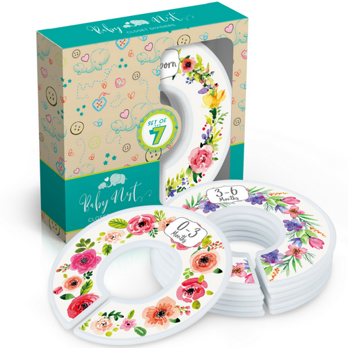 Baby Nest Designs Closet Dividers for Baby Clothes [Floral Bouquet] - 7x Baby Clothing Size Age Dividers from Newborn Infant to 24 Months - Floral Baby Clothes Dividers and Nursery Closet Organizer
